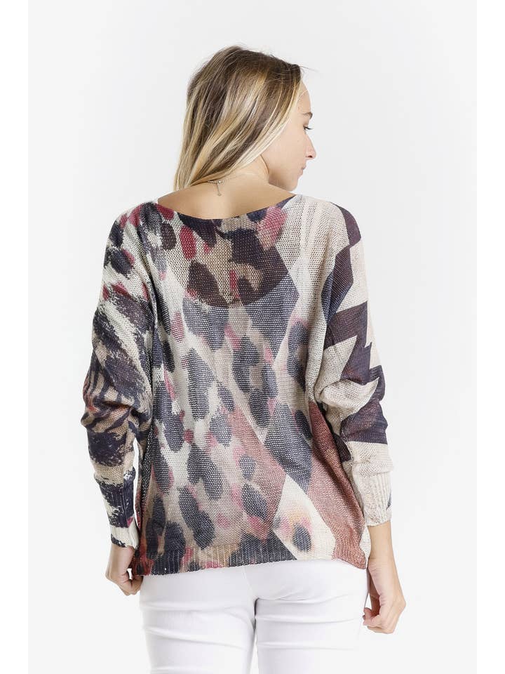 G Pink w Gold Splash Leopard Danielle Batwing Open Knit Sweater (BLS424PL) for wholesale on Faire3