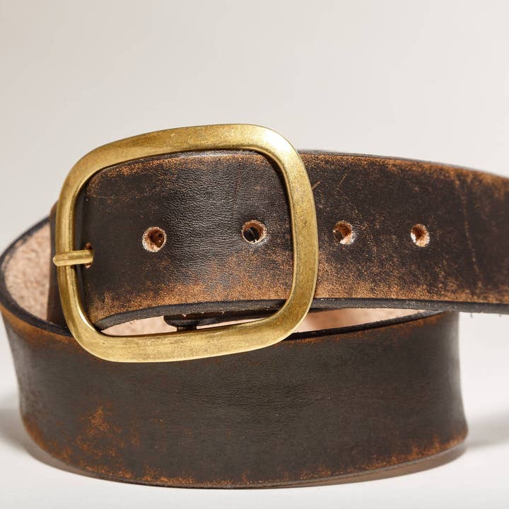Regan Flegan - Wholesale Belt – Unisex - Vintage Distressed Black Brown Leather Belt with Antique Silver or Brass Buckle2