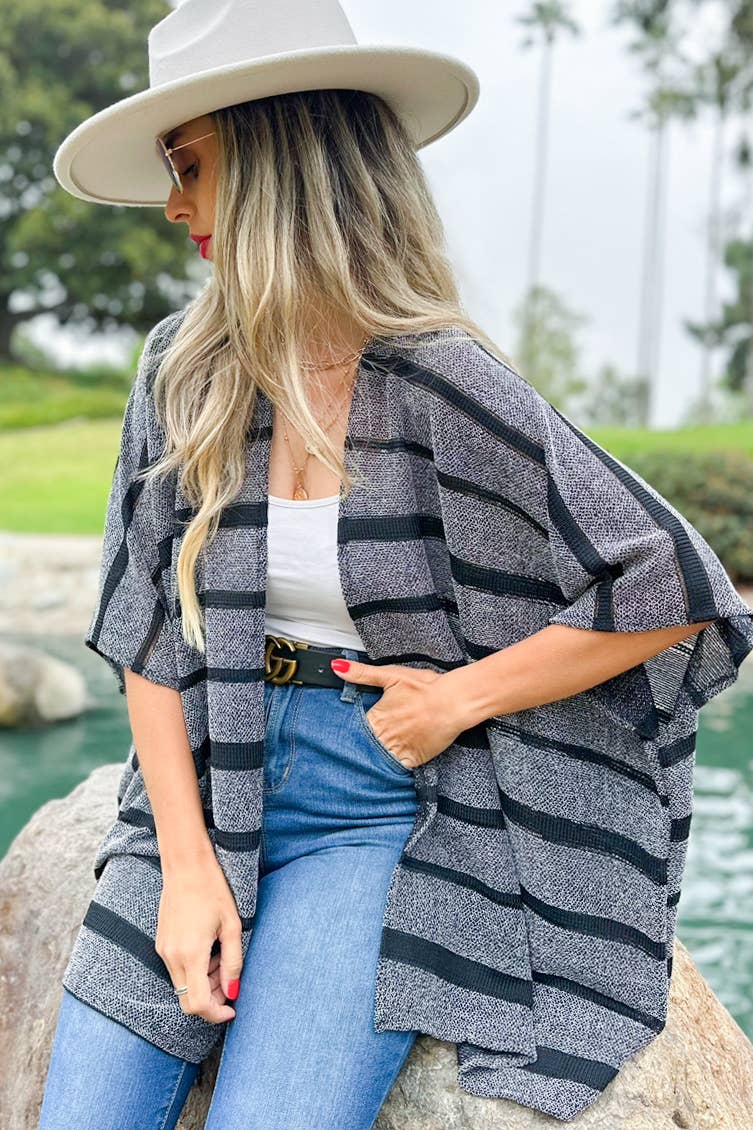 Black Stripe Print Knitted Kimono Cardigan Cover Up for wholesale on Faire3