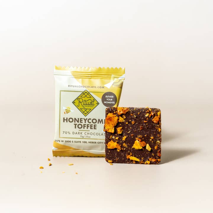 Ritual Chocolate - Wholesale Chocolate Bar - 10g Honeycomb Taster, Toffee Topped Dark Chocolate 70% Cacao