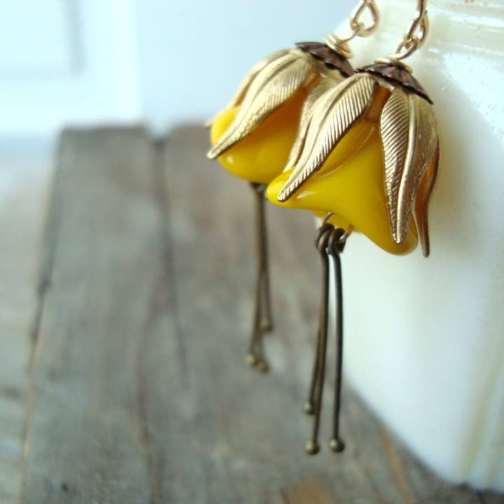 Brass Blossom Earrings Glass Flowers for wholesale by Fuchsia Bloom Studio