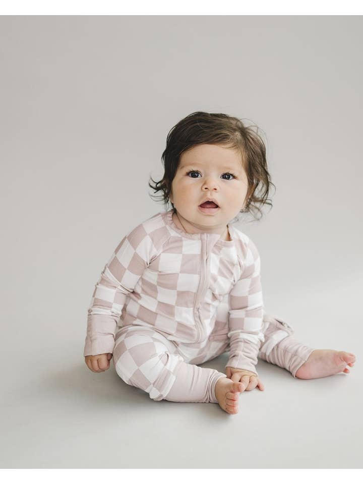 Lucky Panda Kids – wholesale Byxdress - Baby – Bambu Baby Unisex kläder med dragkedja | Latte Rutig