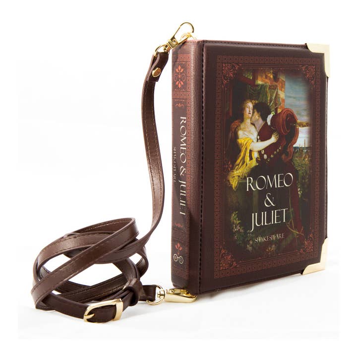 Romeo and Juliet Kiss Brown Book Handbag Crossbody Clutch for wholesale by Well Read Company