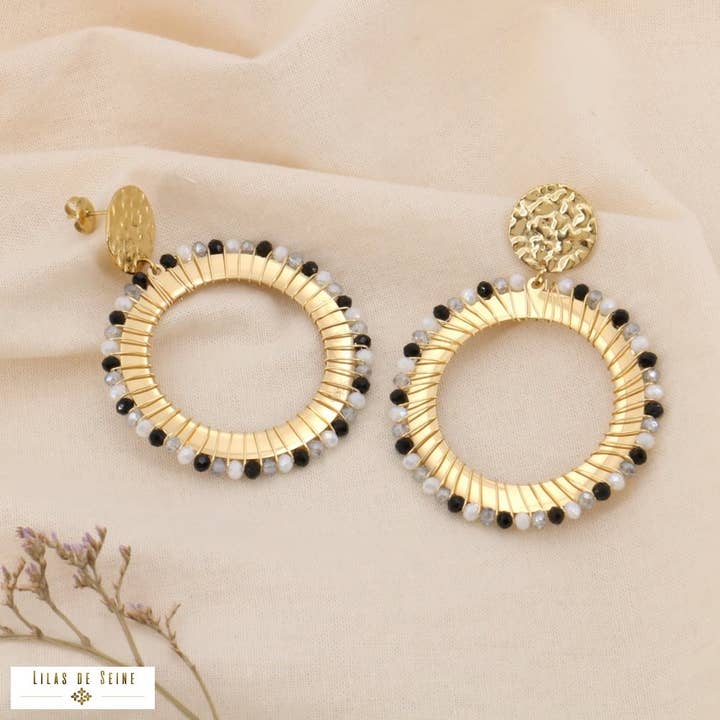 Oversized steel crystal pearl earrings 0324070 for wholesale by Lilas de Seine