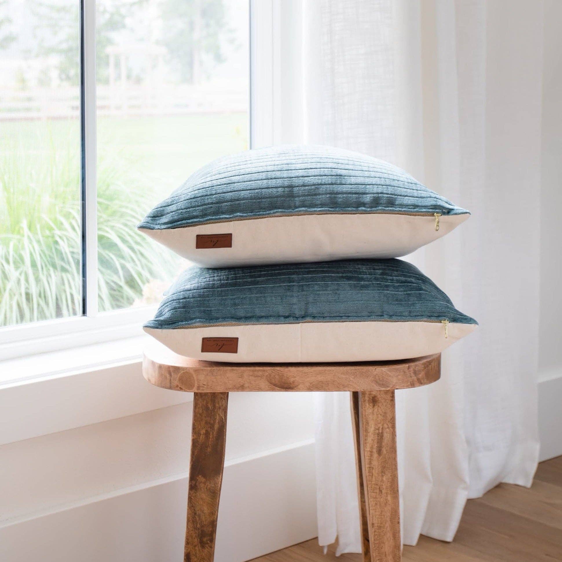 Linen & Ivory - Wholesale Throw Pillow Cover - SLOANE || Teal Velvet Striped Pillow Cover6