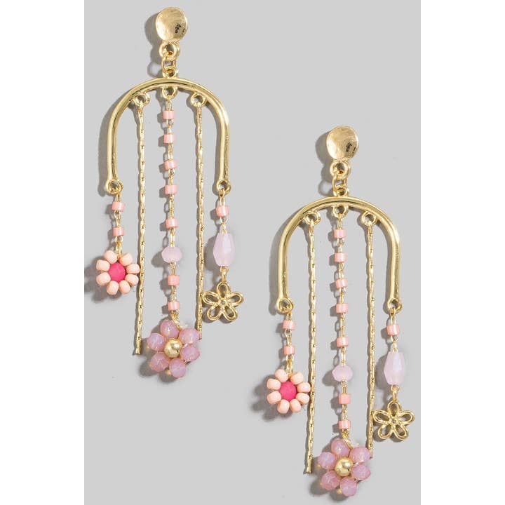 The Looks by Fame Accessories - Wholesale Dangle Earrings - Intricate Beaded Flower And Chains Dangle Earrings