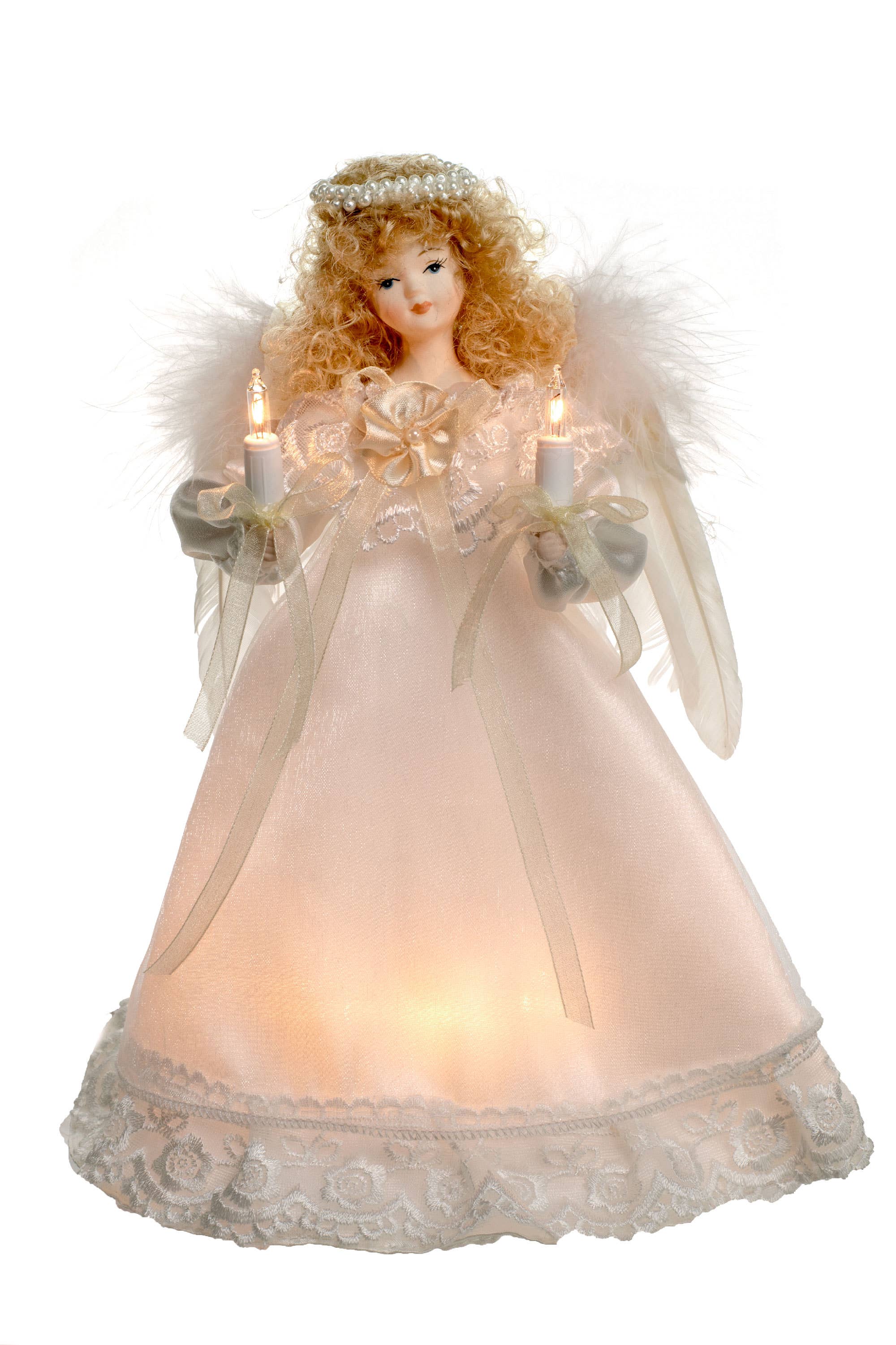 Starlight Collection - Wholesale Tree Topper - Ivory 10-Light Small Angel Tree topper w/ Blonde Curly Hair0