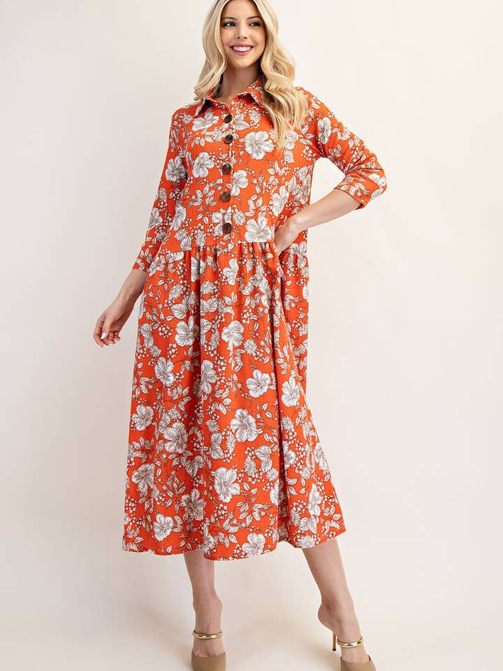 WOMEN'S FLORAL TEXTURED BUTTON-FRONT DRESS WITH POCKETS for wholesale by Celeste Clothing