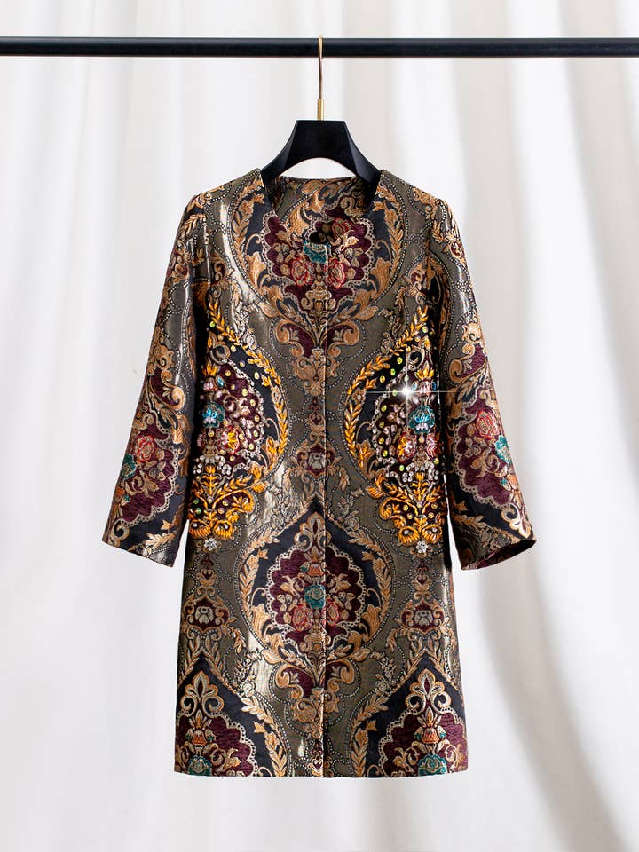 Color as pictures CT177Y Luxury Embroidered Beaded Jacquard Vintage Long Coat for wholesale on Faire1