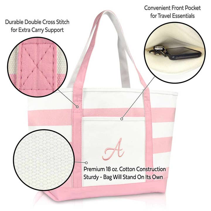 Dalix - Wholesale Tote Bag - Women's - Dalix Striped Beach Bag Tote Bags Satchel Personalized Pink Ballent Letter A - Z