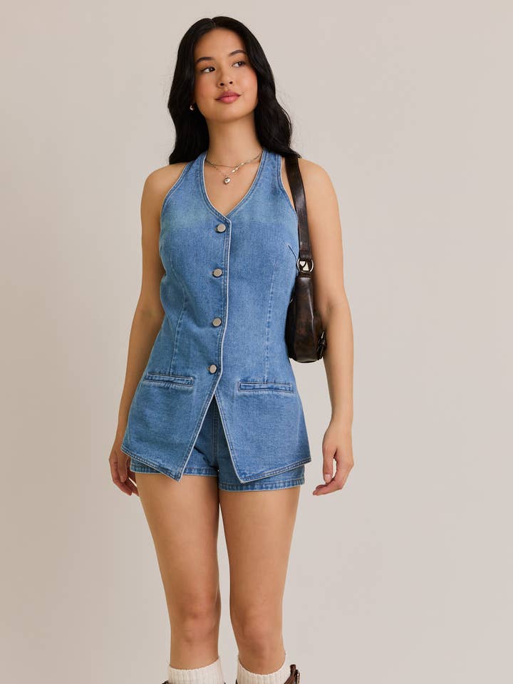 DENIM VEST-STYLE ROMPER WITH MICRO SHORTS for wholesale on Faire