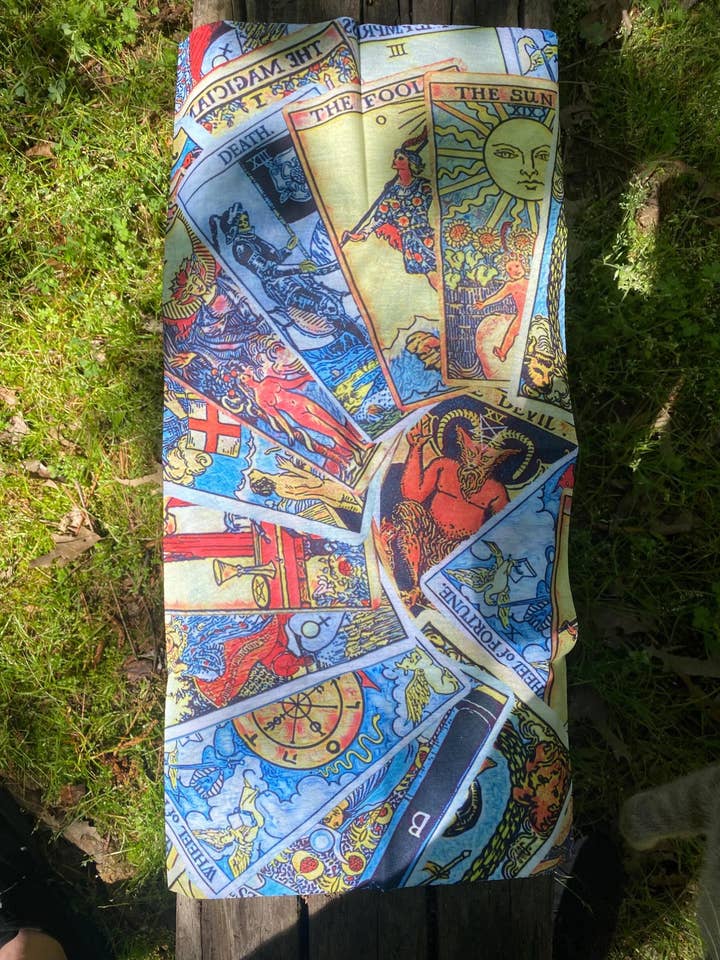 Tarot Face Mask, Face Shield, Buff, Neck Gaiter – Stretchy Polyester/Spandex, Festival & Outdoor Gear, Designed by Enlighten Clothing Co for wholesale by Enlighten