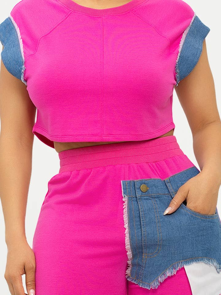 Julia by LoveJ - Wholesale Top & Short Set (NOT Loungewear) - Women's - Color Block Denim Sleeve Top And Biker Shorts Set4