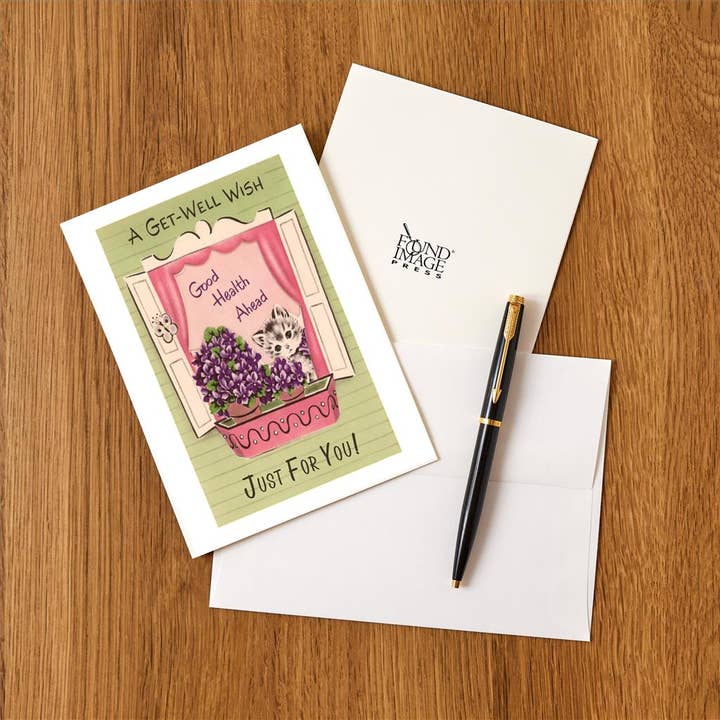 Found Image Press - Venta al por mayor Conjunto de papelería y tarjetas - Tarjeta de Felicitación IO-101 Un Deseo de Recuperación, Gatito con Violetas