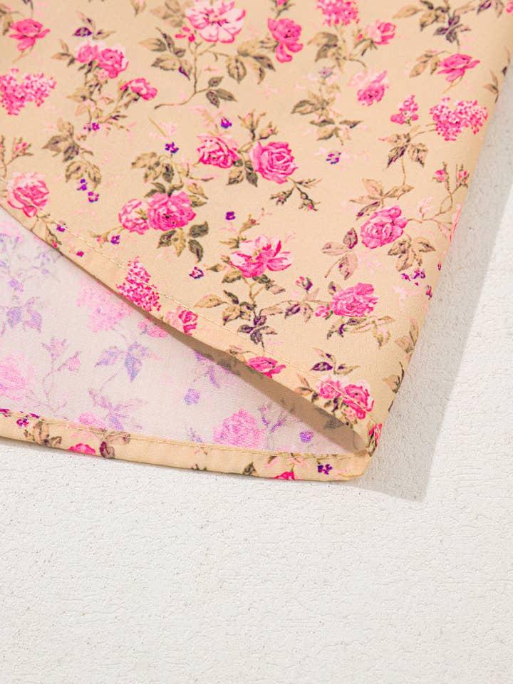 Light French Beige Floral Print Bow Pintuck Bust Half Puff Sleeve Blouse Top for wholesale on Faire4