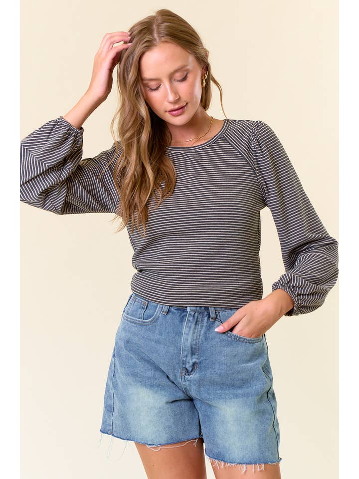 Doe and Rae - Wholesale Knit Top - Women's - Round Neck Bubble Long Sleeve Striped Top - 44767T10