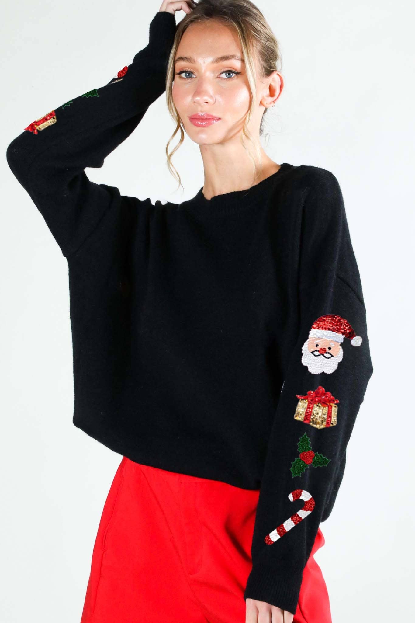 Vine & Love - Wholesale Knit Sweater - Women's - Holiday Sequin Accent Crew Neck Knitted Sweater VT81743D19