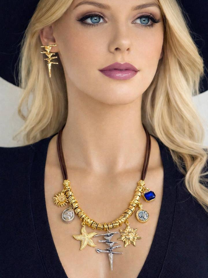 Braunes Leder-Zirkon-Charmschmuck-Set für den Großhandel von BUBU BY TEKIN SHOP