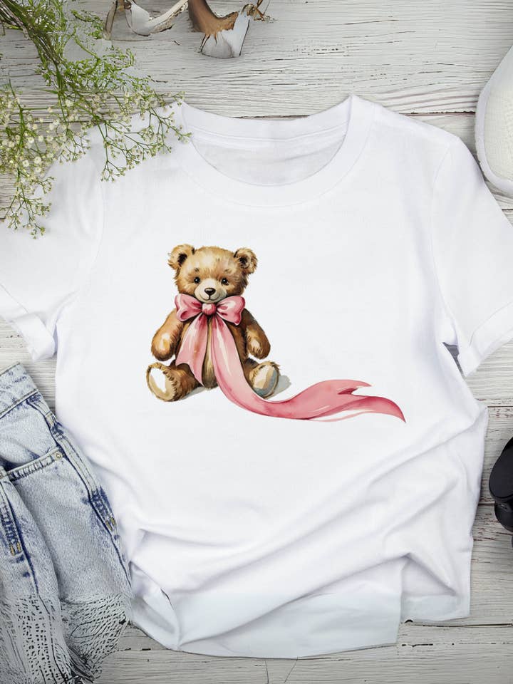 Bow Buddy Tee | Teddy Bear with Pink Ribbon Graphic T Shirt for wholesale by Inked Threads