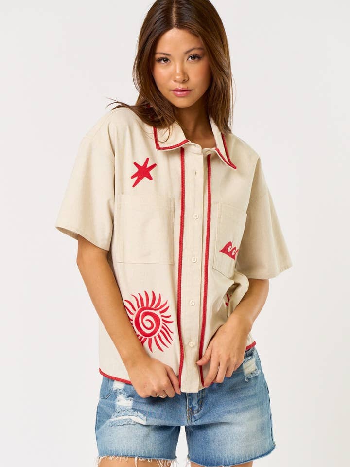 IBT33344 Embroidered Short Sleeve Button Down for wholesale by Blue Blush