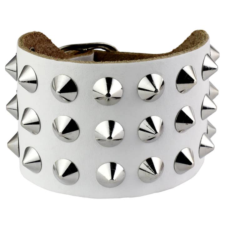 Tribal Trade GmbH - Venta al por mayor Muñequeras - Pulsera de cuero con tachuelas puntiagudas cuero blanco pulsera de tachuelas de 3 filas