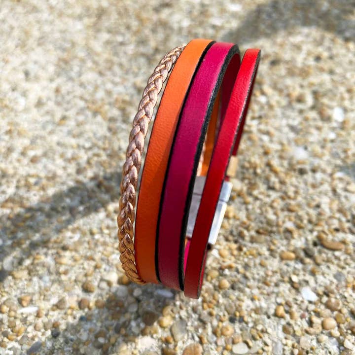 Pulsera de cuero multihilo fucsia y naranja para venta al por mayor de Aramance