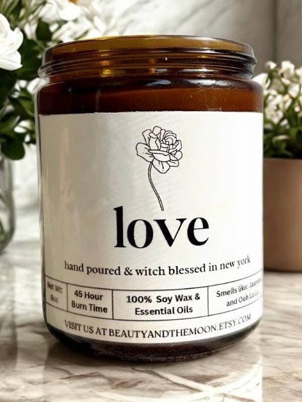 Love Spell Ritual Candle – Soy Wax Jasmine Candle Amber Jar for wholesale by Beauty and the Moon