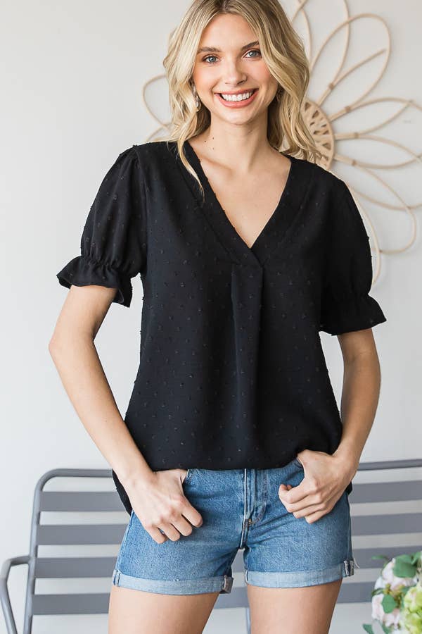 7th Ray - Vendita all'ingrosso Camicetta - Donna - Blusa a maniche corte con volant e scollo a V con pois svizzeri T46830