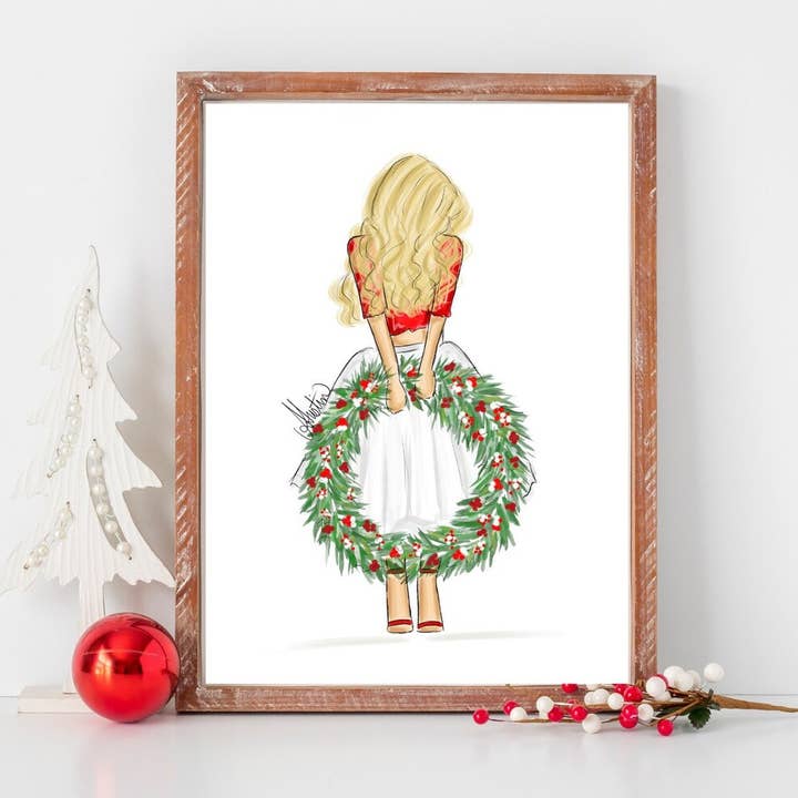 Holiday Gal Art Print Christmas Art Print Christmas Wreath for wholesale by PLTStudio