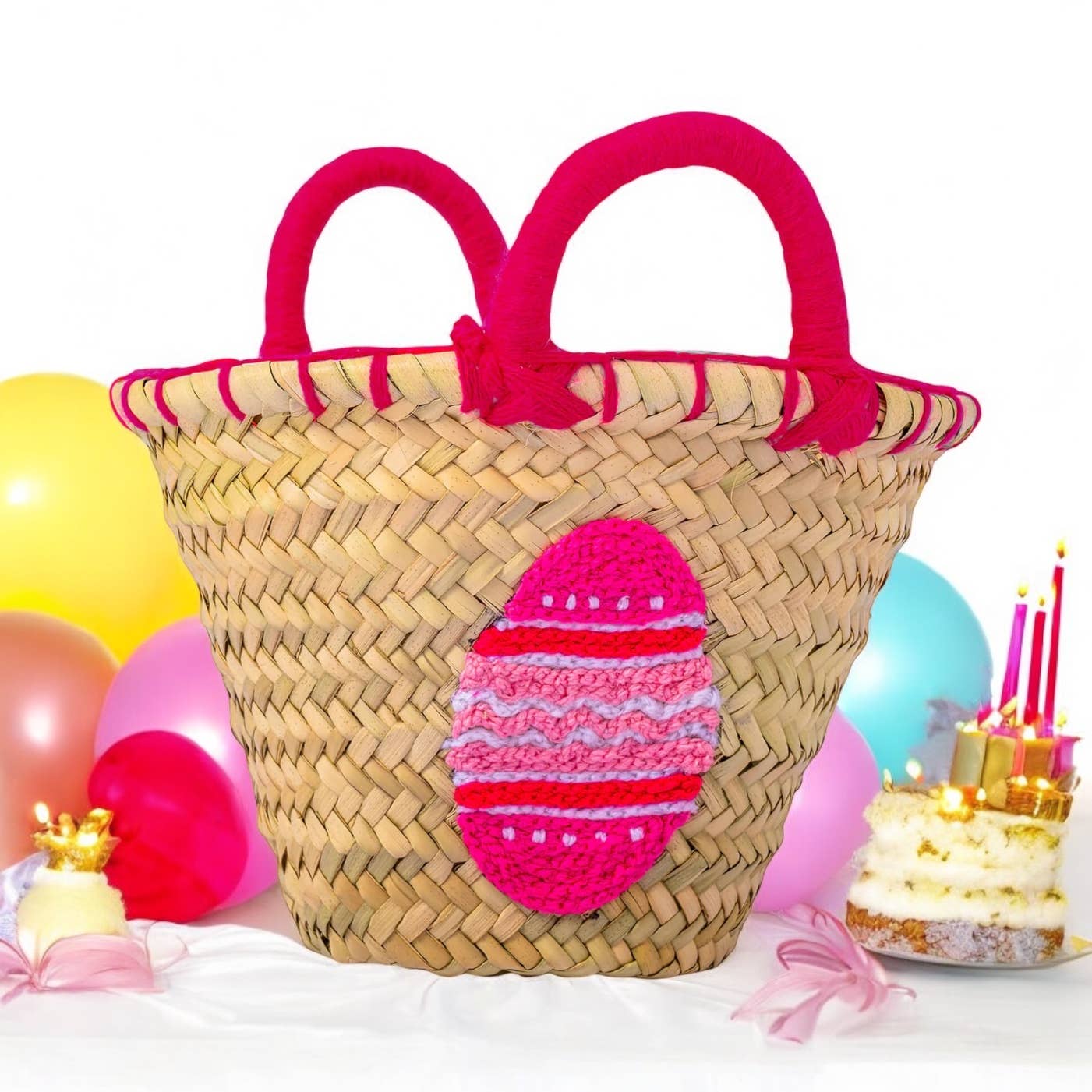 MIRAMAR Store - Wholesale Tote Bag - Kids - Handwoven Straw Basket with Pink Easter Egg Embroidery0