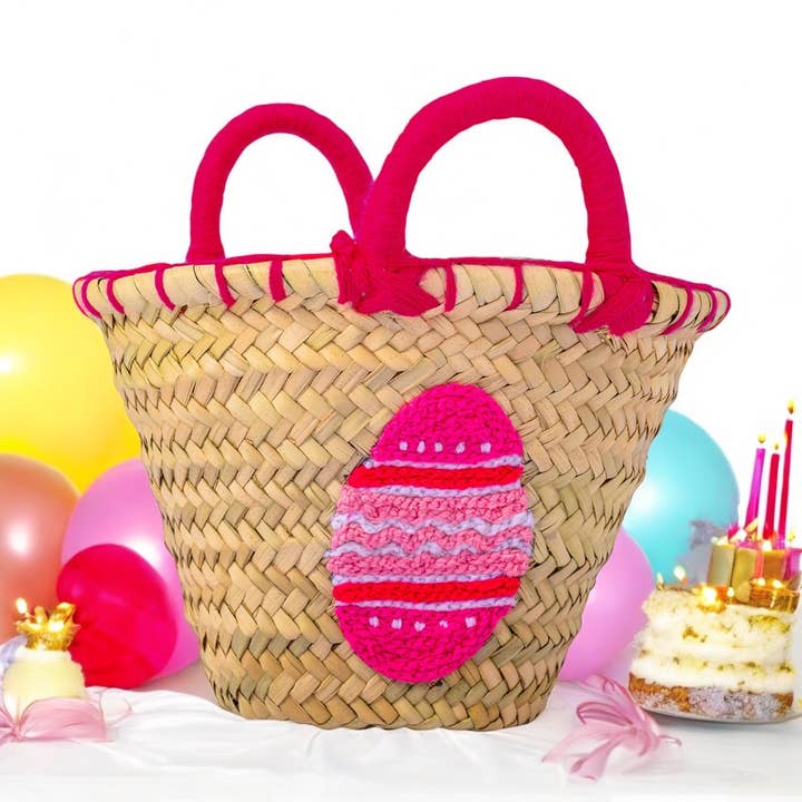 MIRAMAR Store - Wholesale Tote Bag - Kids - Handwoven Straw Basket with Pink Easter Egg Embroidery0