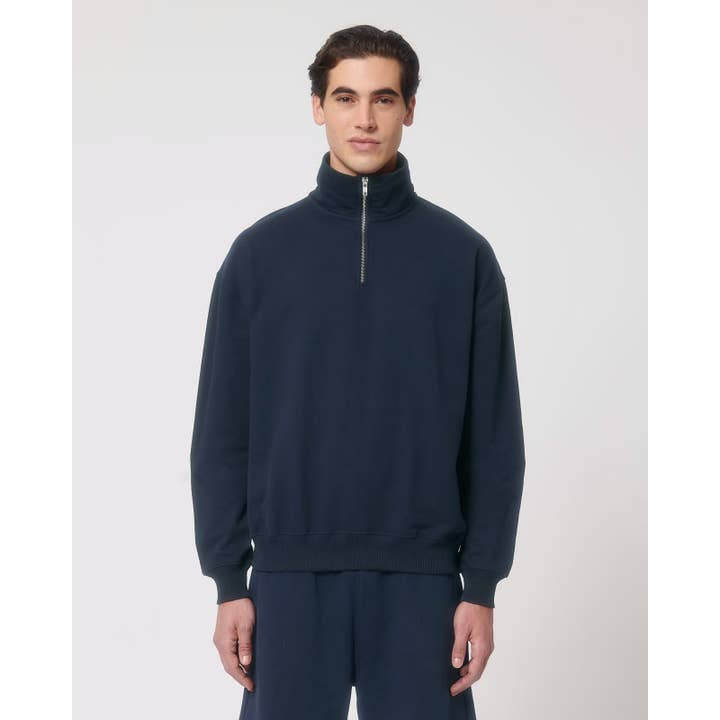 Oversized Organic Cotton Zip Collar Trucker Sweatshirt - Navy for wholesale by BALOTTI