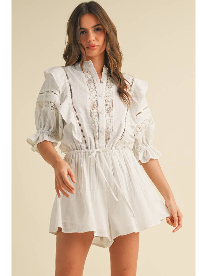 Klesis - Wholesale Romper - Women's - IR2223 LINEN PUFF SLEEVES FRILL AND BUTTON DOWN ROMPER