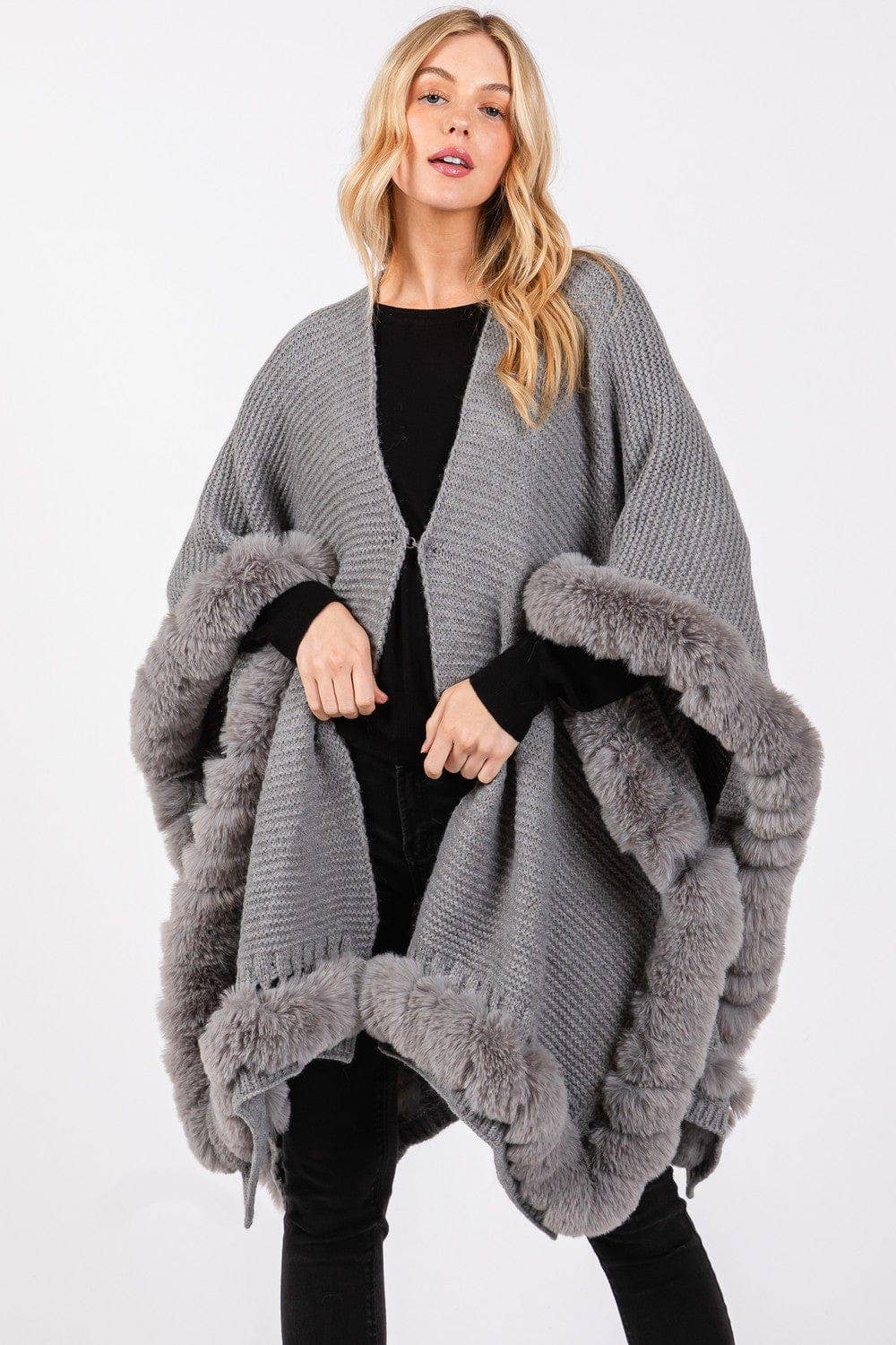 MiMi Wholesale - Wholesale Cape - Women's - MS0409 Brenda Fine Knit Faux Fur Hook & Eye-Closure Cape3