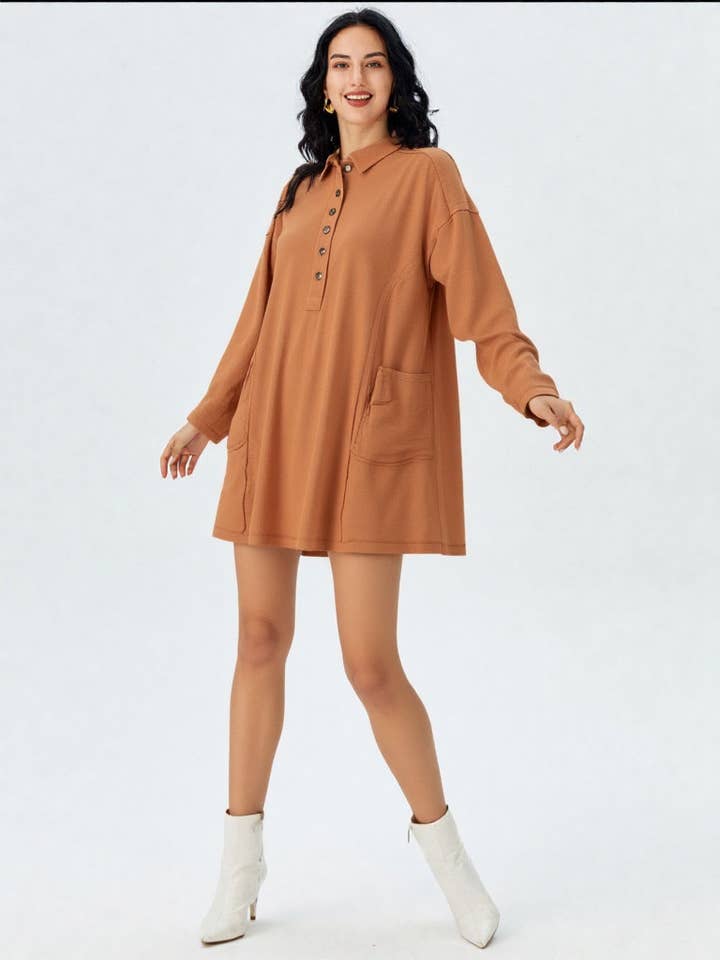 VERY J - Wholesale Dress - Women's - ND31005-Casual Shirt Collared Knit Henley Mini Dress6