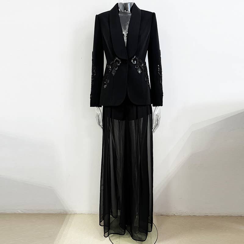Black 4Y Mesh Stitching Beaded Suit Jacket with Chiffon Trousers for wholesale on Faire1