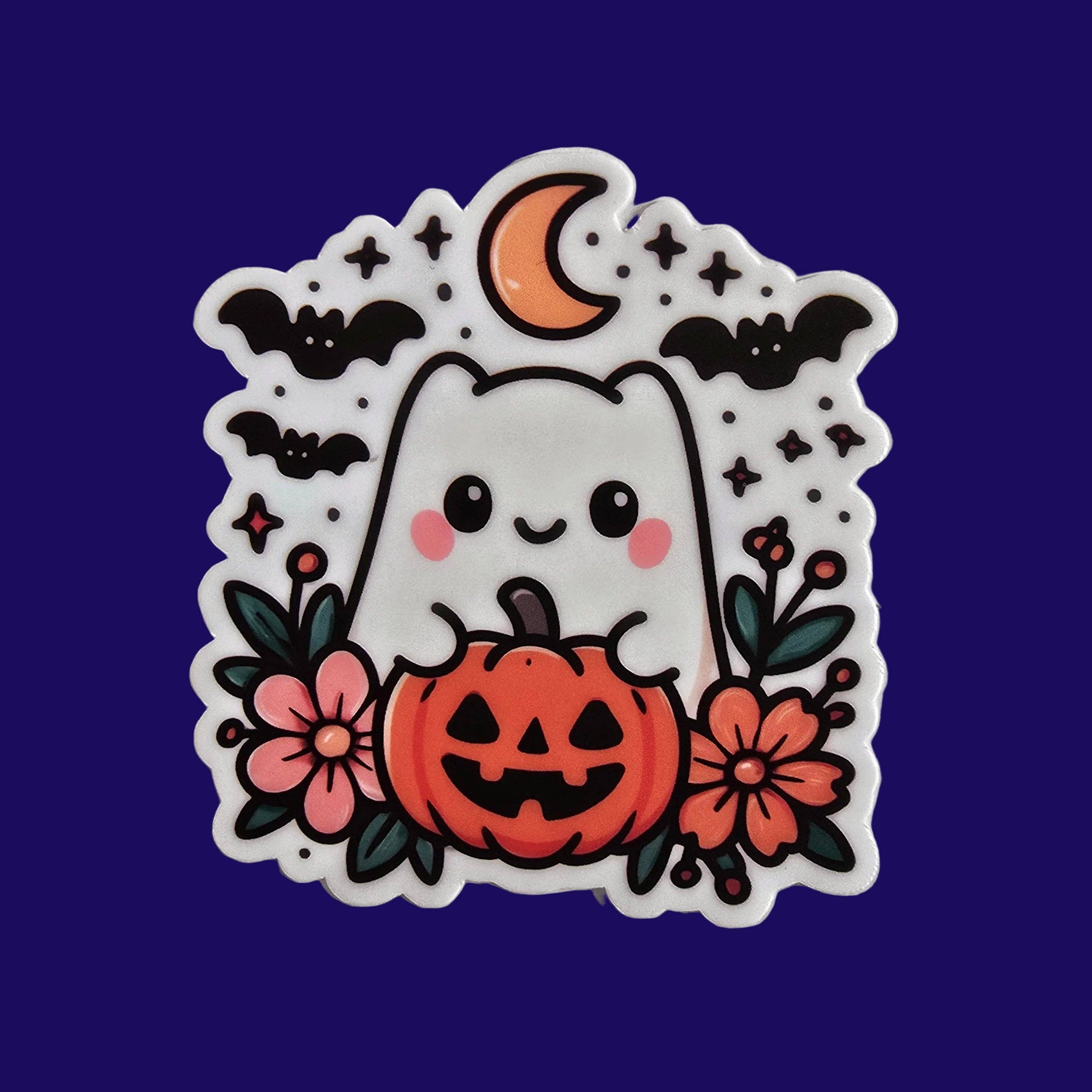 Designs by Mysh – Engroshandel Klistermærke – Sød Halloween-spøgelsesklistermærke – Vinyl-udskåret spøgelse med græskar, blomster og flagermus (3”)0