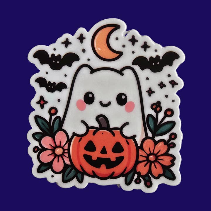 Designs by Mysh – Engroshandel Klistermærke – Sød Halloween-spøgelsesklistermærke – Vinyl-udskåret spøgelse med græskar, blomster og flagermus (3”)0
