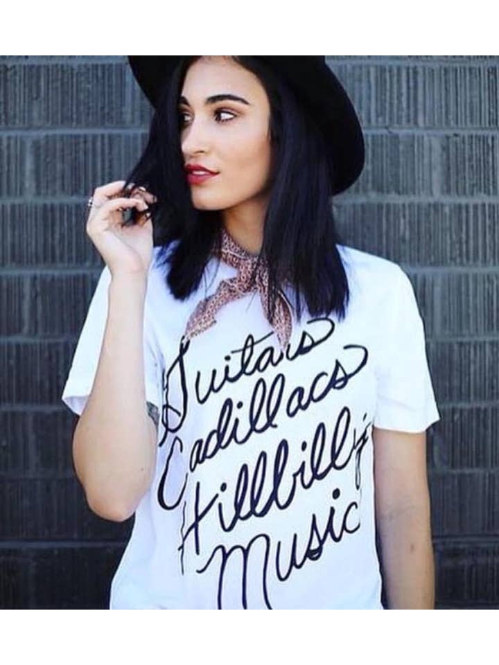 Hank & Scoot - Wholesale Screen Printed T-Shirt - Women's - Guitars Cadillacs- White Tee1