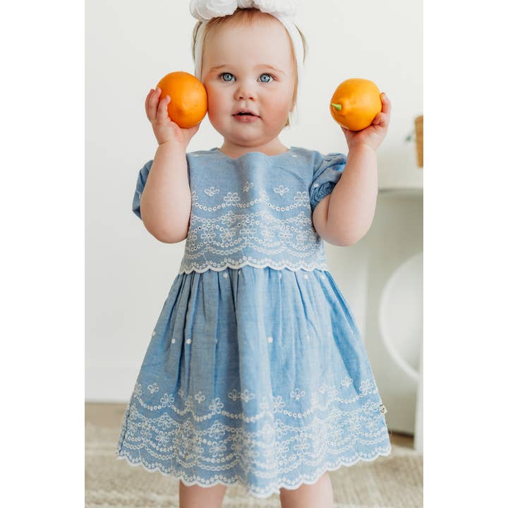 Isla Chambray Baby Dress + Bloomer (Organic Cotton) for wholesale by Viverano Organics