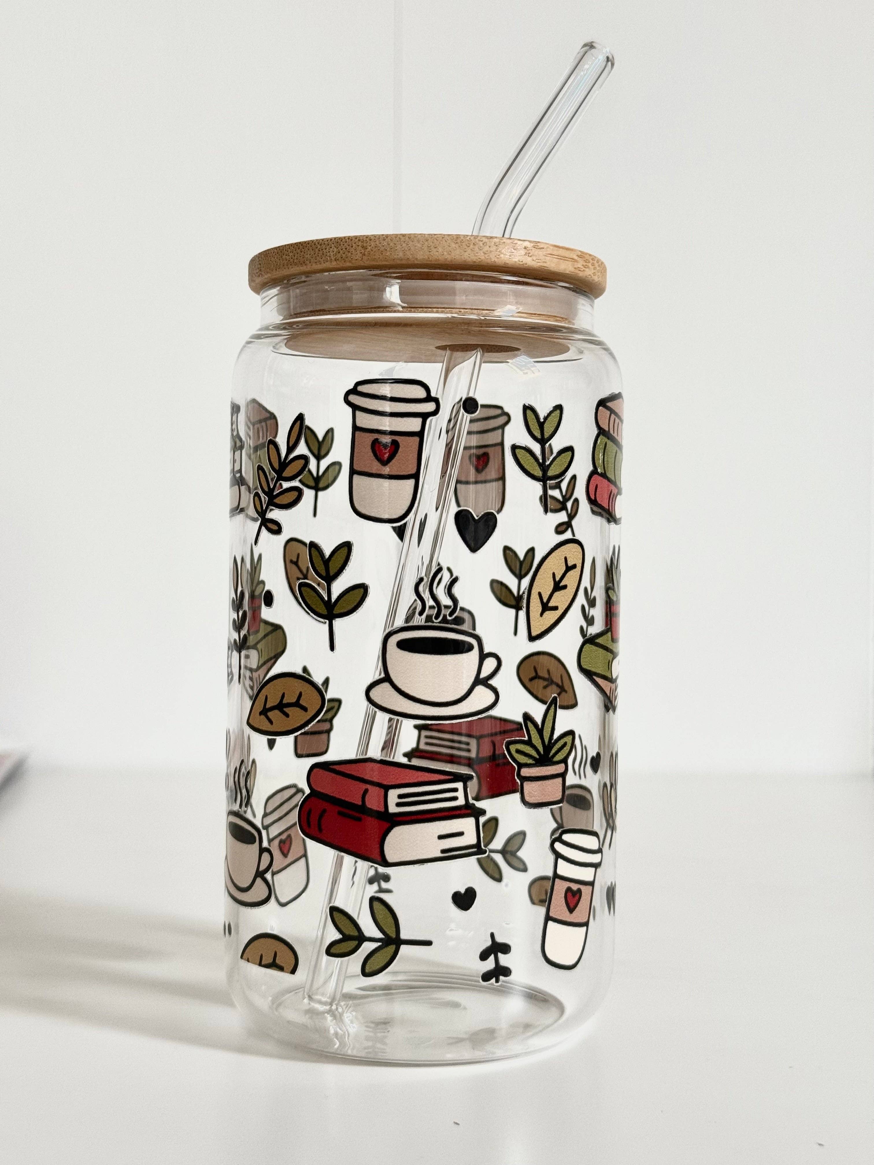 the cute cloud – wholesale Drinking glass/cup – Books & Coffee Glass Tumbler Double Sided Print with Lid and Straw1