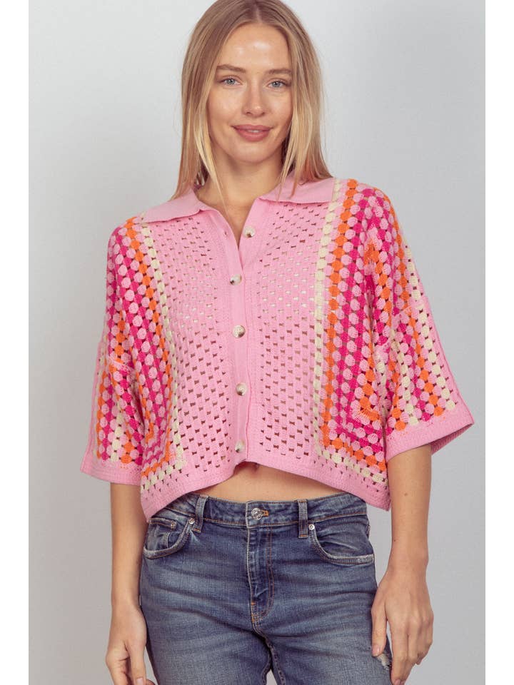 VERY J - Wholesale Knit Top - Women's - NT11636-Relaxed Fit Multi Color Crochet Knit Top
