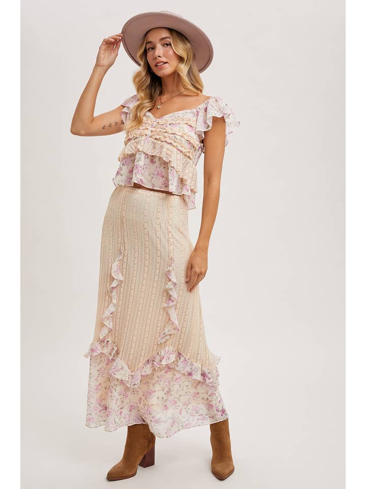 Bluivy - Wholesale Skirt - Women's - FLORAL PRINT TRIMMED MAXI LACE SKIRT WITH LINING