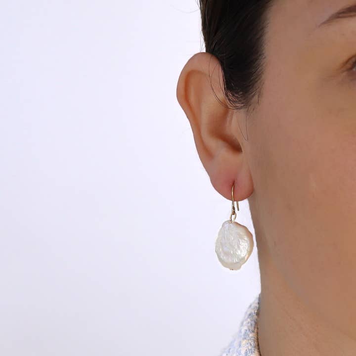 Gold Large flat pearl dangle earring for wholesale on Faire1