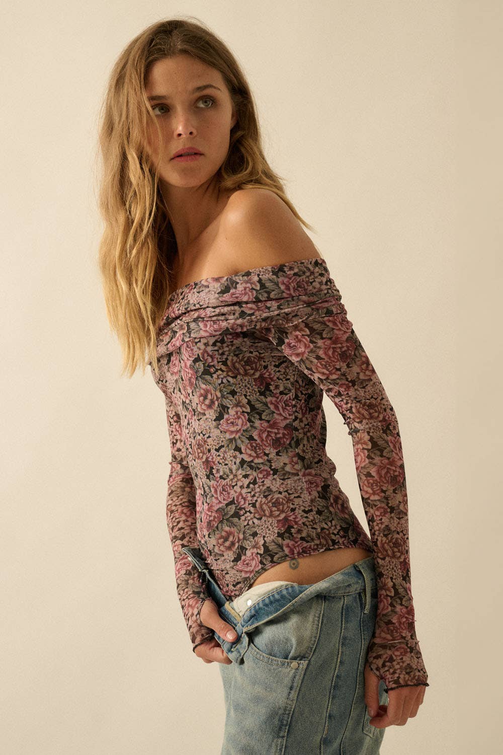 Promesa USA - Wholesale Bodysuit - Women's - Floral Mesh Long-Sleeve Off-Shoulder Bodysuit10
