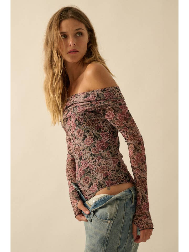 Promesa USA - Wholesale Bodysuit - Women's - Floral Mesh Long-Sleeve Off-Shoulder Bodysuit10