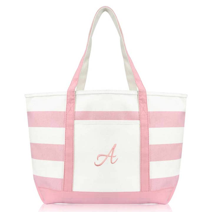 Dalix - Wholesale Tote Bag - Women's - Dalix Striped Beach Bag Tote Bags Satchel Personalized Pink Ballent Letter A - Z