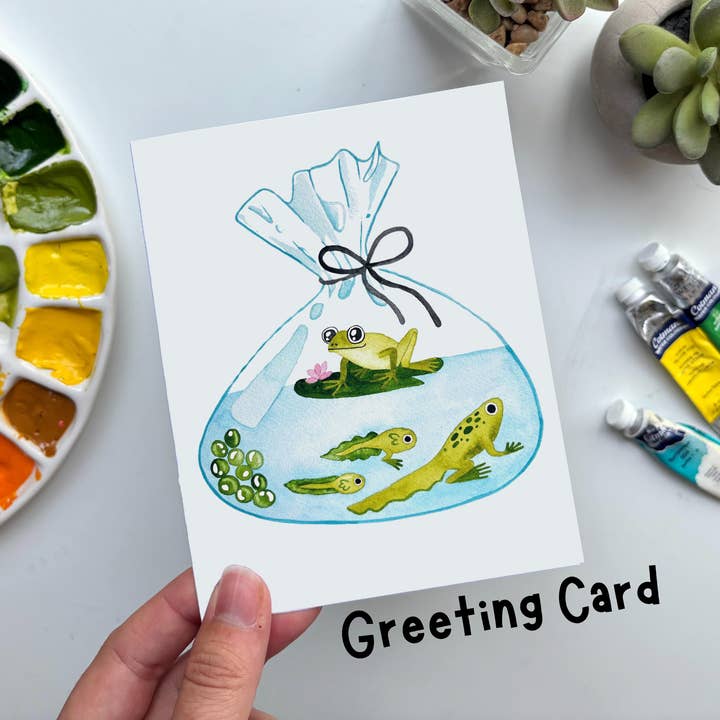 Grußkarte zum Lebenszyklus des Frosches – Aquarell-Amphibienwissenschaft für den Großhandel von Owlfeathers Watercolor
