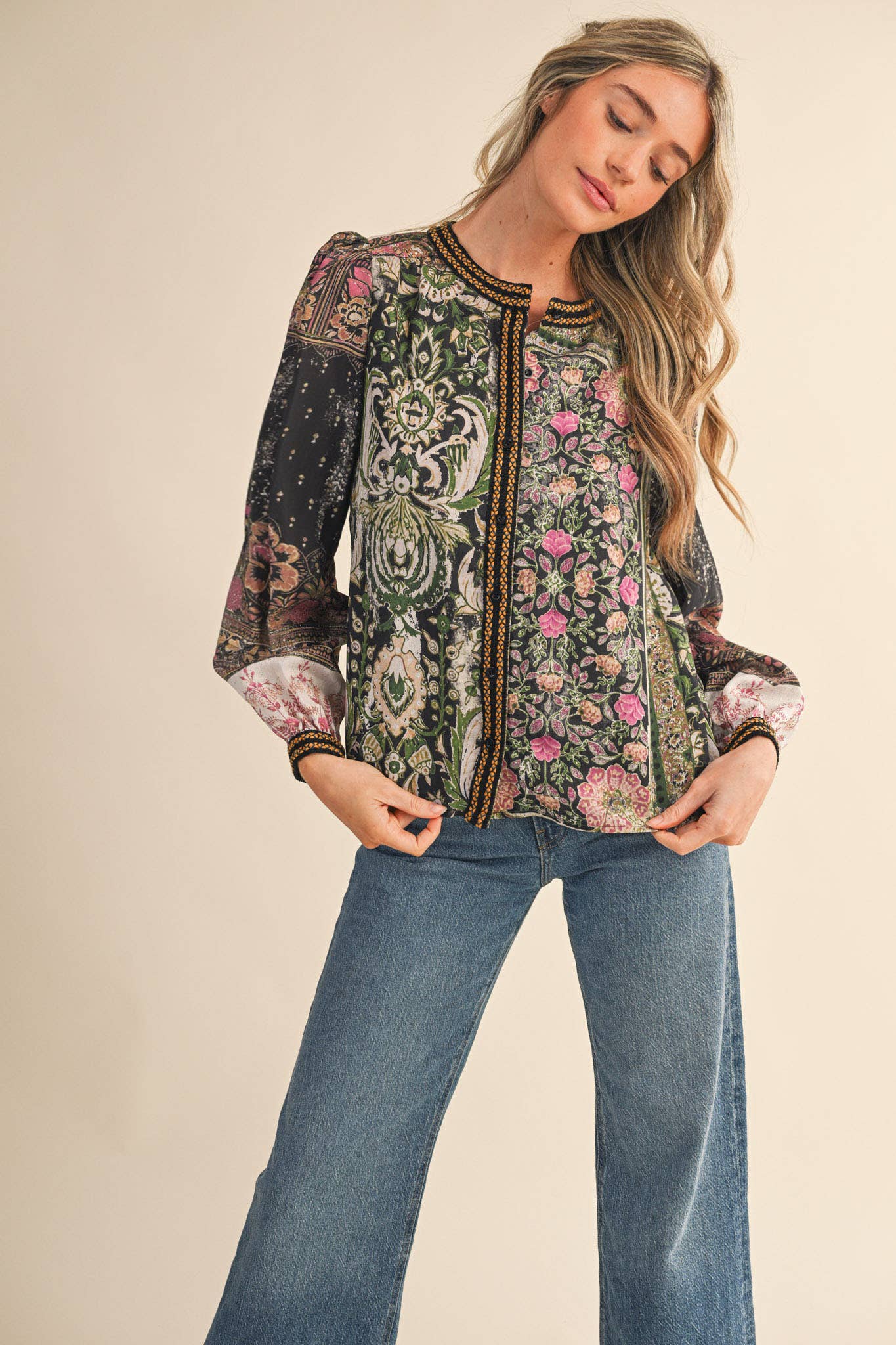 &MERCI - Wholesale Button Down Shirt - Women's - PATCHWORK PRINT CROCHET TRIM BUTTON DOWN TOP MTP438213