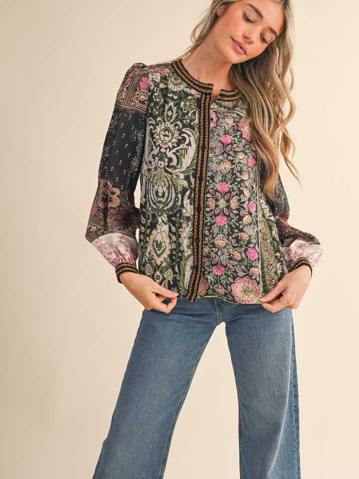 &MERCI - Wholesale Button Down Shirt - Women's - PATCHWORK PRINT CROCHET TRIM BUTTON DOWN TOP MTP438213